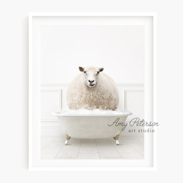 a sheep sitting in a bathtub with a white wall behind it