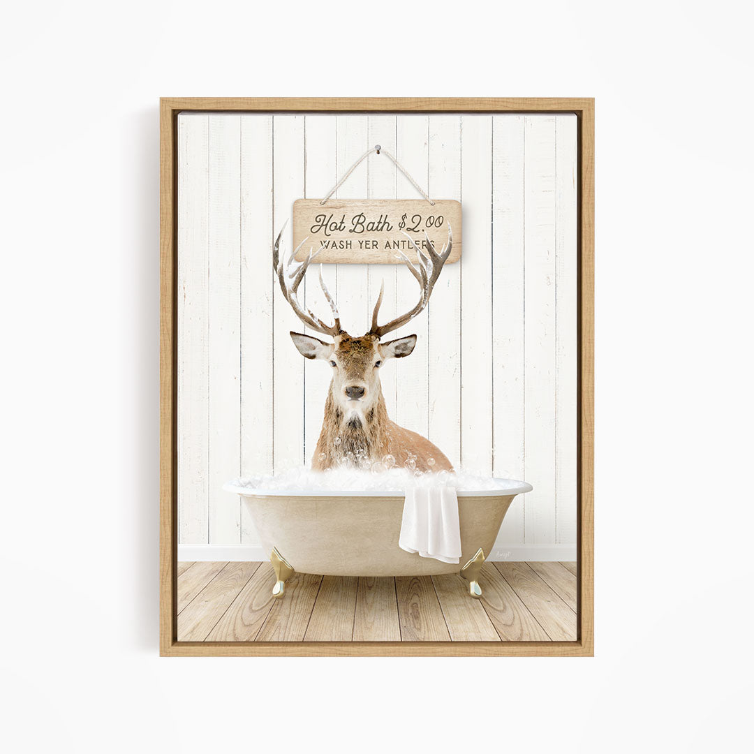 A deer with antlers is sitting in a bathtub, with a sign above it that reads "Hot Bath $2.00 Cash for Antlers".