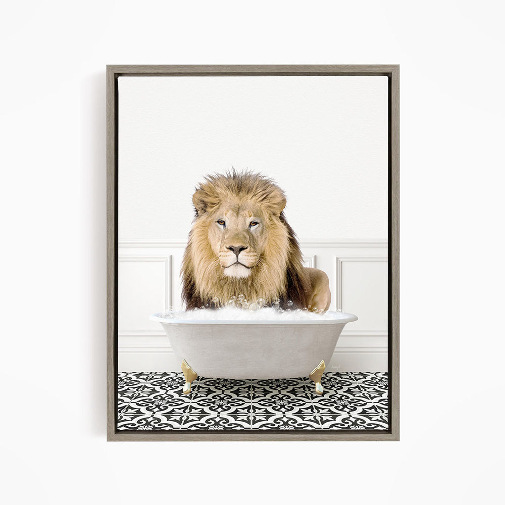 A lion sitting in a bathtub filled with water, surrounded by a black and white patterned floor.
