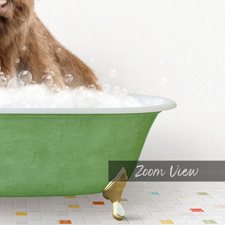 A dog is sitting in a green bathtub filled with bubbles, enjoying a relaxing bath.