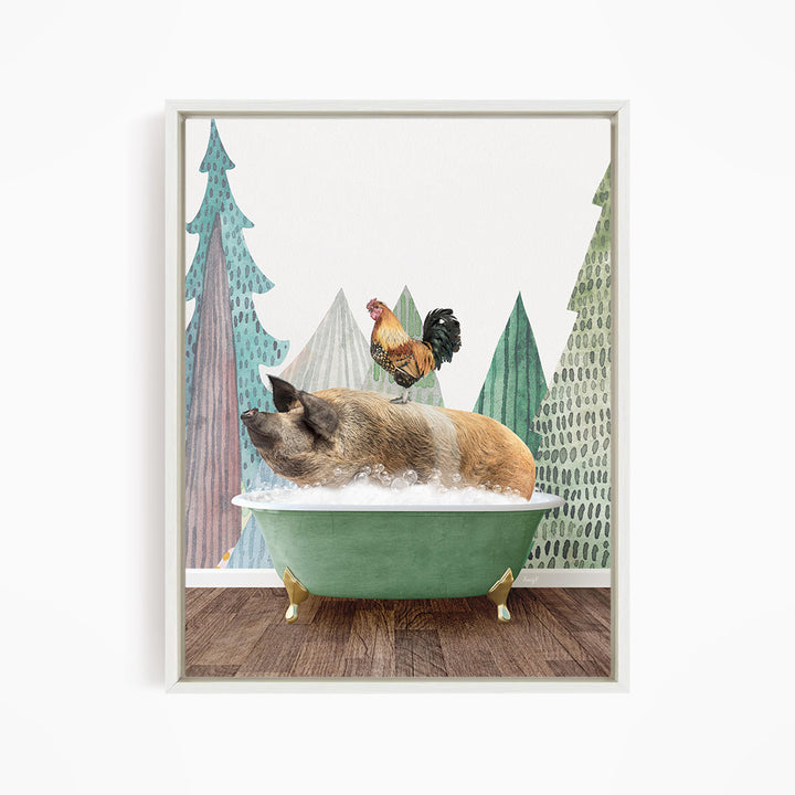 A pig is sitting in a green bathtub, surrounded by a rooster and pine trees, creating a whimsical and playful scene.