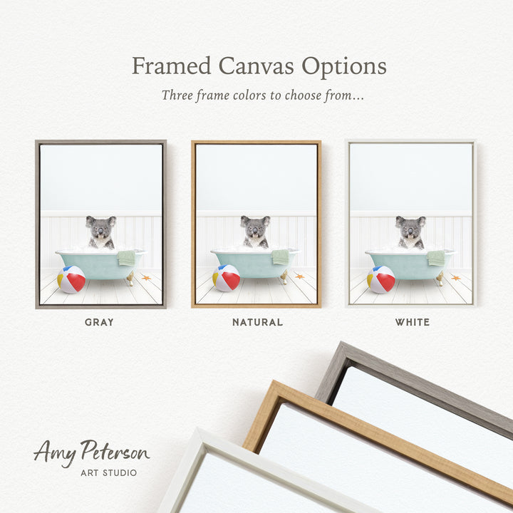 three framed canvas options, each featuring a small kitten sitting in a bathtub with various toys, such as a beach ball and a starfish. The options include a gray frame, a natural frame, and a white frame.