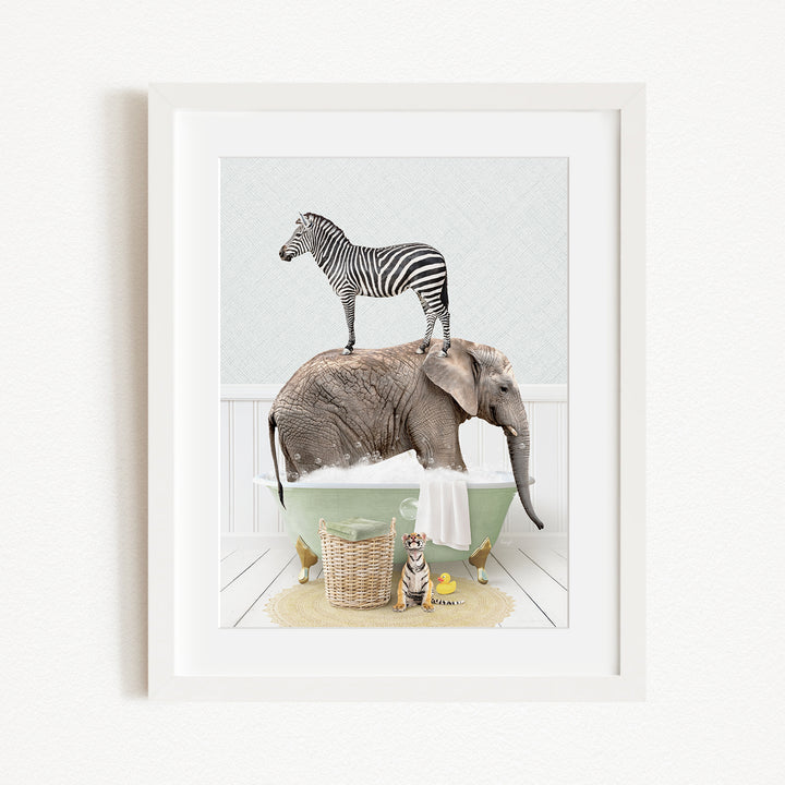 A zebra stands on the back of an elephant, which is standing in a bathtub filled with water, with a dog and a basket nearby.