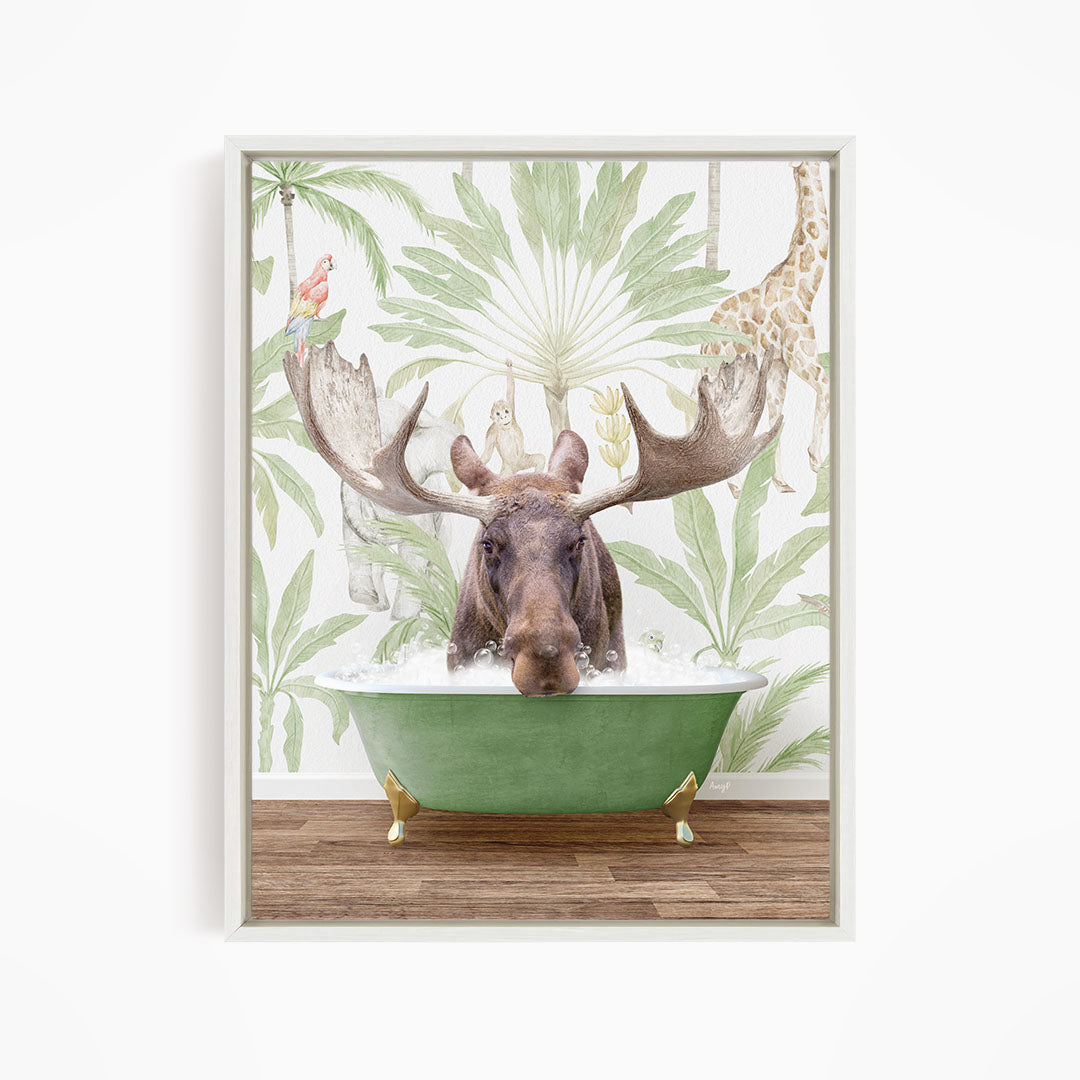 A moose is sitting in a green bathtub, surrounded by tropical plants and animals, including a parrot and a giraffe, creating a whimsical and playful scene.