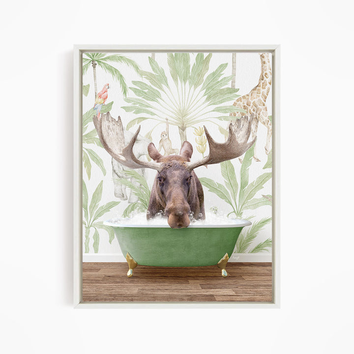 A moose is sitting in a green bathtub, surrounded by tropical plants and animals, including a parrot and a giraffe, creating a whimsical and playful scene.
