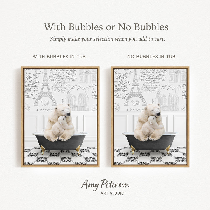 The image is a collage of two pictures featuring a polar bear and a cub sitting in a bathtub. The polar bear is sitting on the left side of the bathtub, while the cub is sitting on the right side. The bathtub is black and has gold legs. The background of the images has a black and white pattern.
