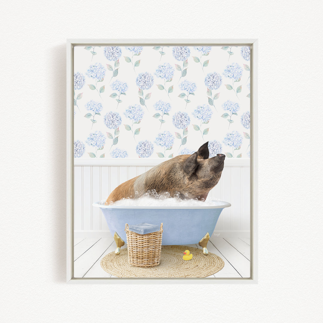 A brown dog is sitting in a blue bathtub filled with bubbles, surrounded by a wicker basket and a yellow rubber duck.