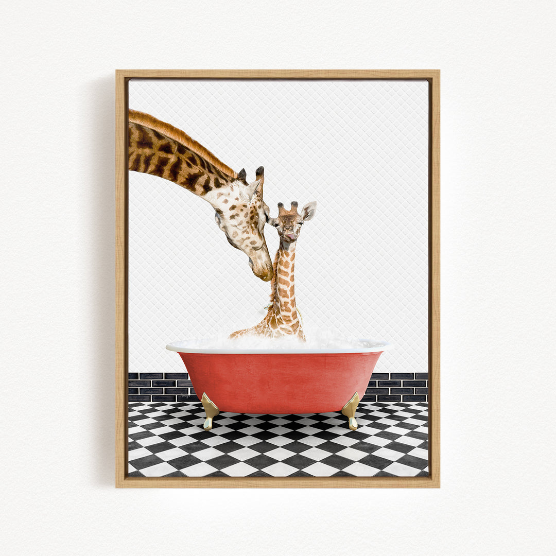 A mother giraffe and her baby giraffe are enjoying a relaxing bath in a red bathtub, surrounded by a black and white checkered floor.