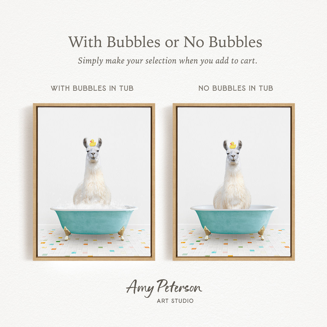 The image is a collage of two framed pictures, each featuring a white llama sitting in a blue tub. The text above the images reads "With Bubbles or No Bubbles" and below the images, it says "Simply make your selection when you add to cart."
