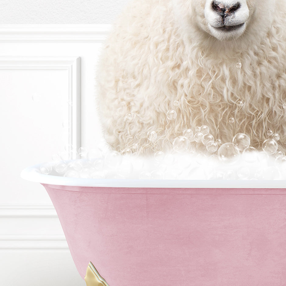 a sheep is sitting in a bathtub with bubbles