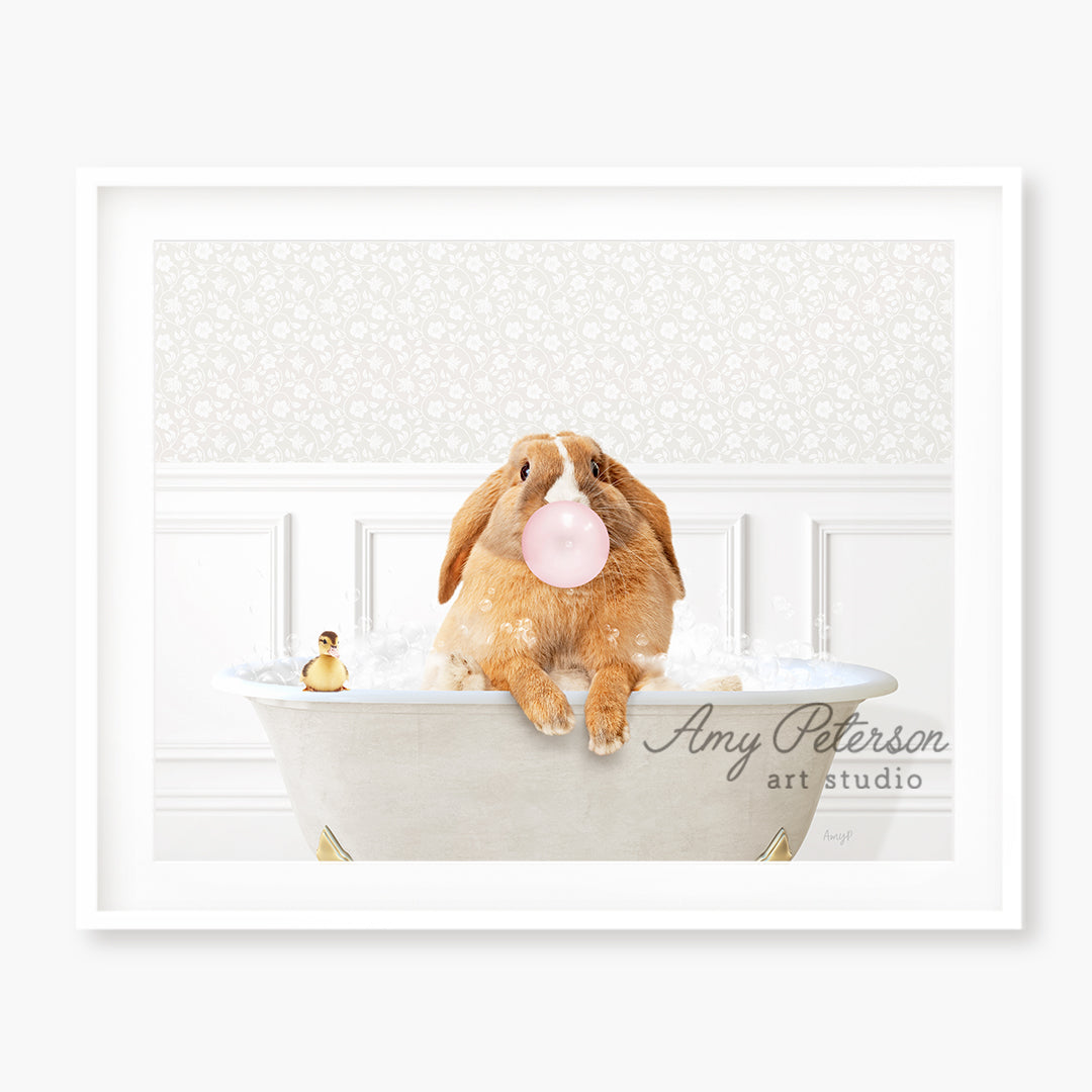 a rabbit in a bathtub with a bubble gum in its mouth