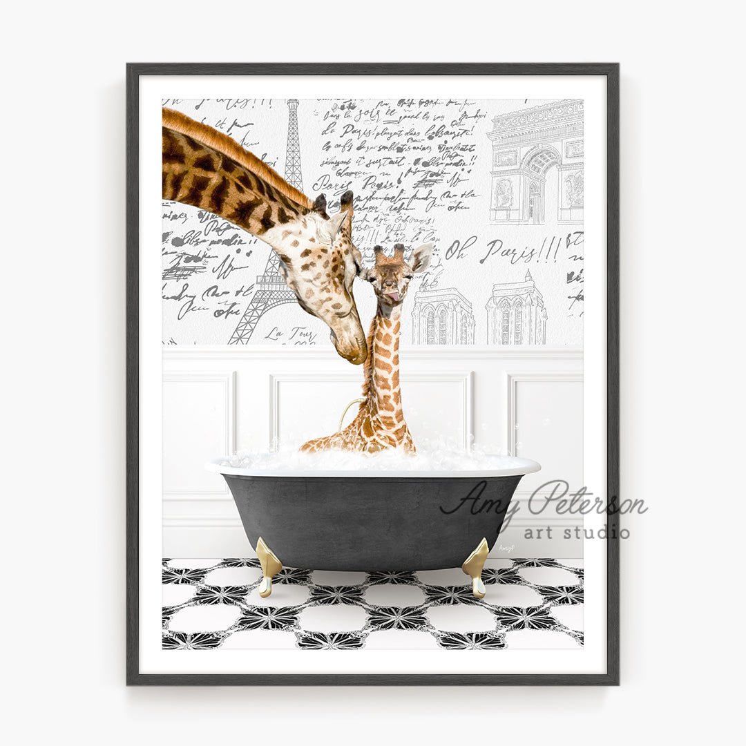 a giraffe and a baby giraffe in a bathtub