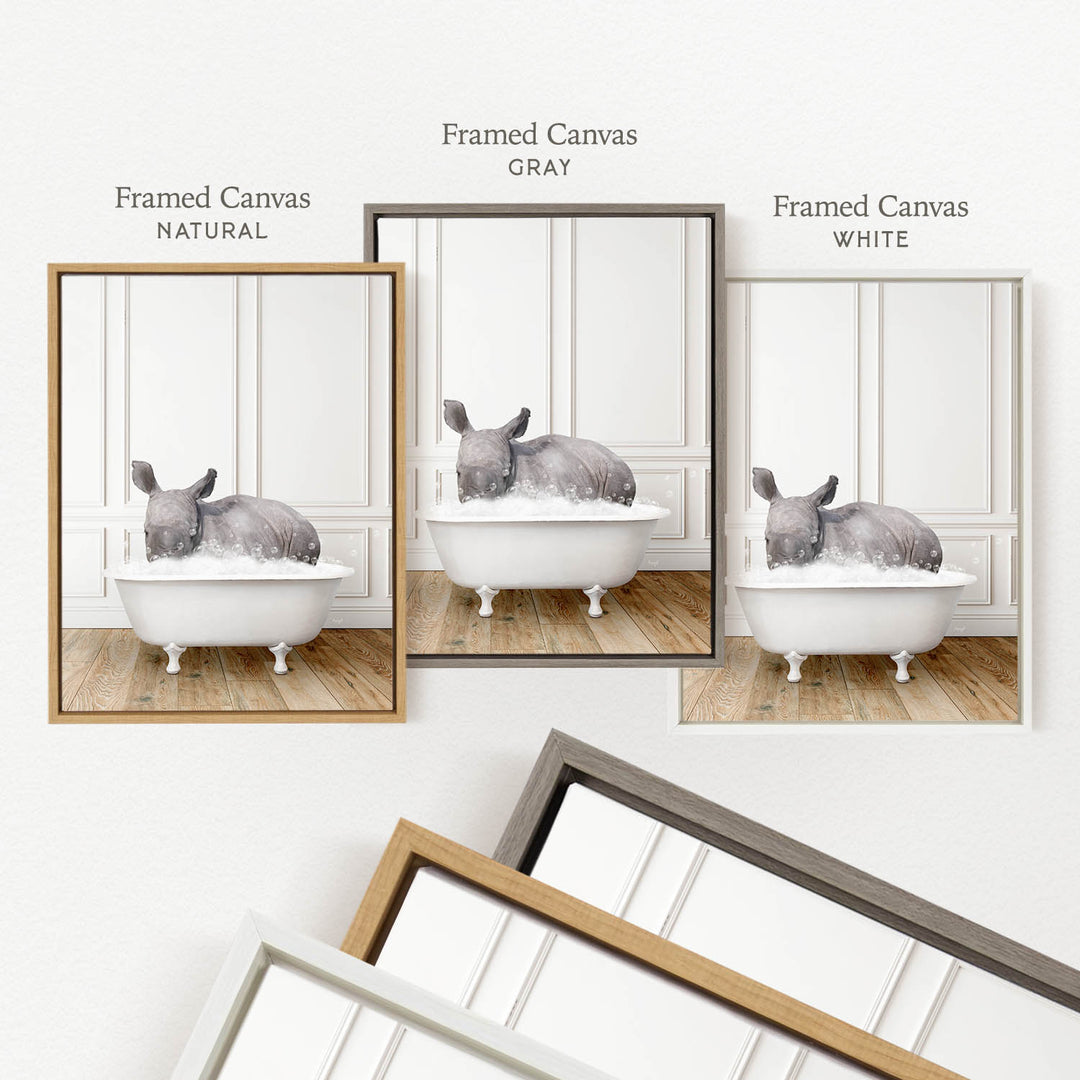 three framed pictures of a rhinoceros sitting in a bathtub, each with a different frame color: natural, gray, and white.