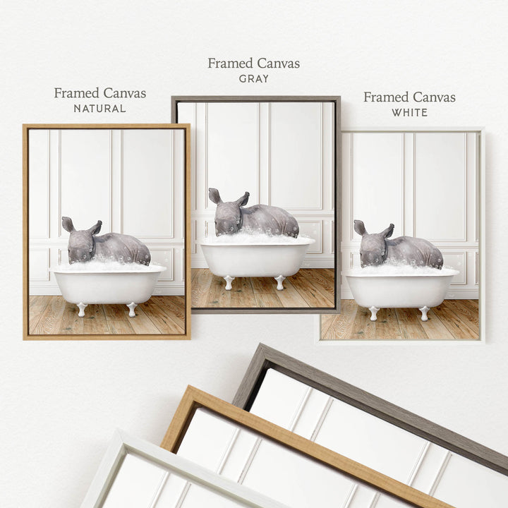 three framed pictures of a rhinoceros sitting in a bathtub, each with a different frame color: natural, gray, and white.