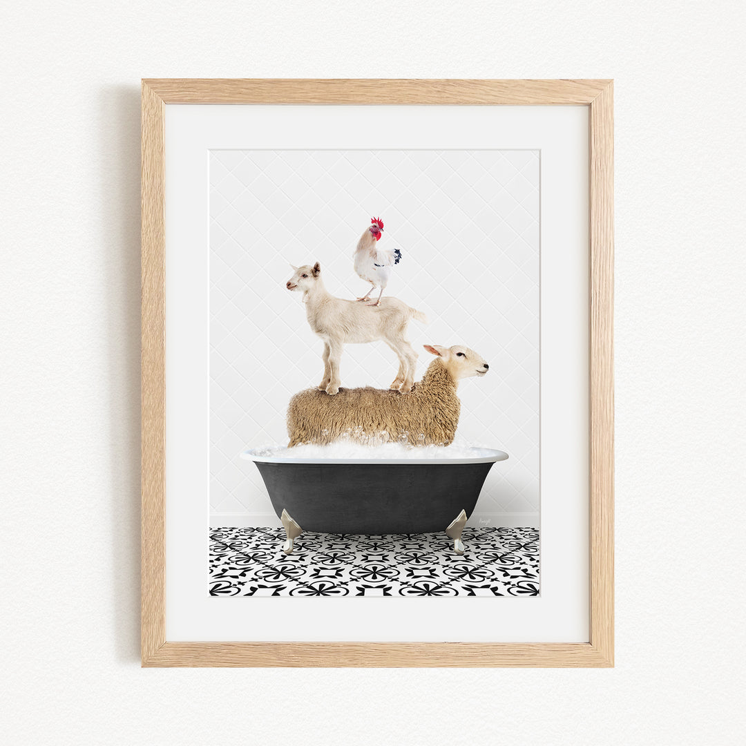 A framed image depicting a goat standing on top of a sheep in a bathtub, with a rooster perched on the sheep's back.