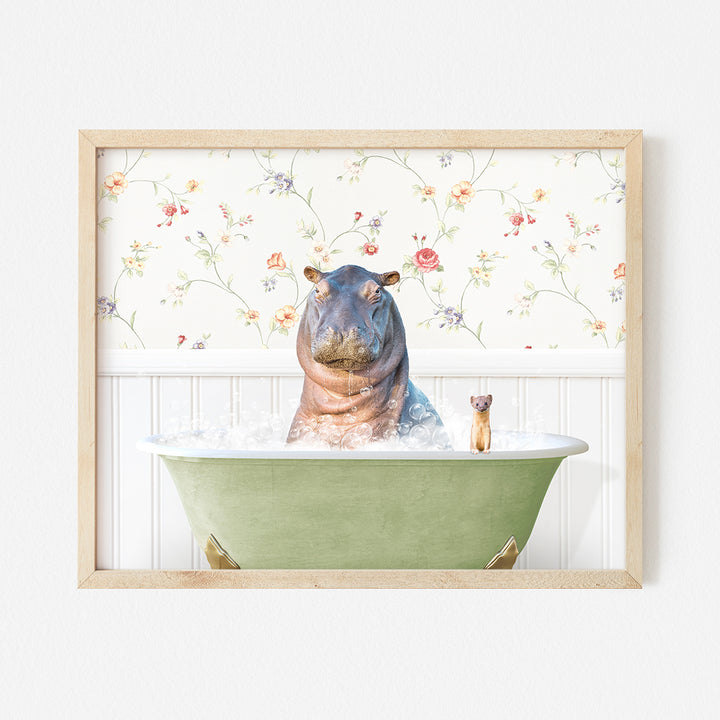 a hippo is sitting in a bathtub with a cat