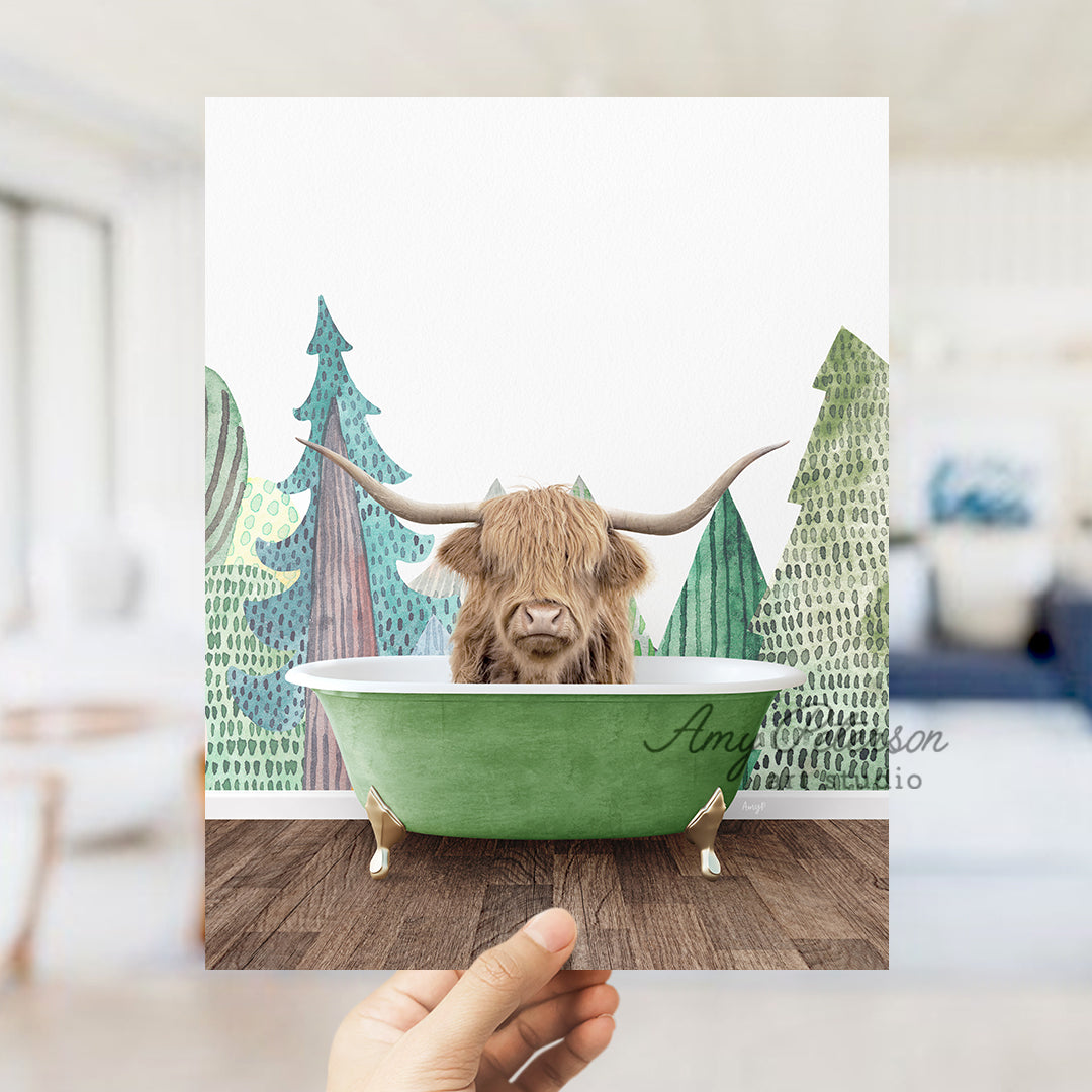 a person holding up a card with a picture of a cow in a bathtub