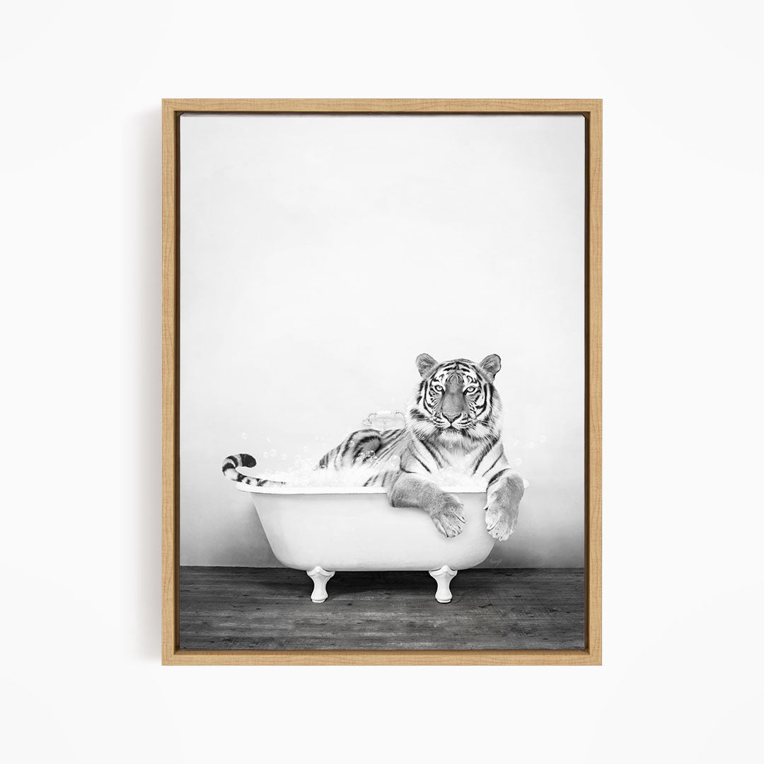 A tiger is sitting in a bathtub filled with water, appearing relaxed and enjoying the experience.
