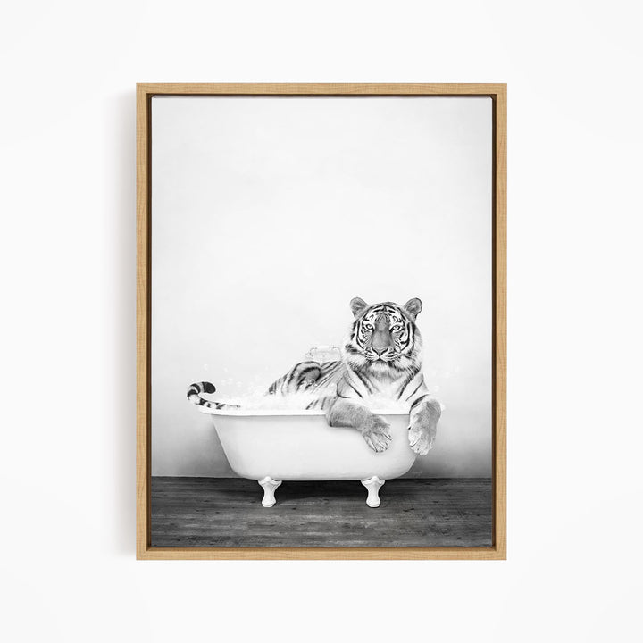 A tiger is sitting in a bathtub filled with water, appearing relaxed and enjoying the experience.
