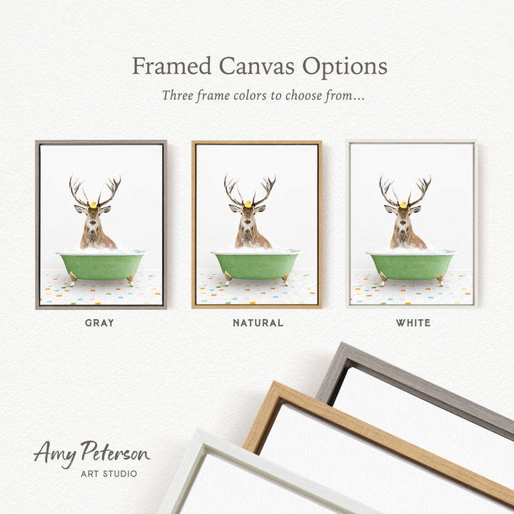 three framed canvas options featuring a deer in a bathtub, each with a different frame color: gray, natural, and white.