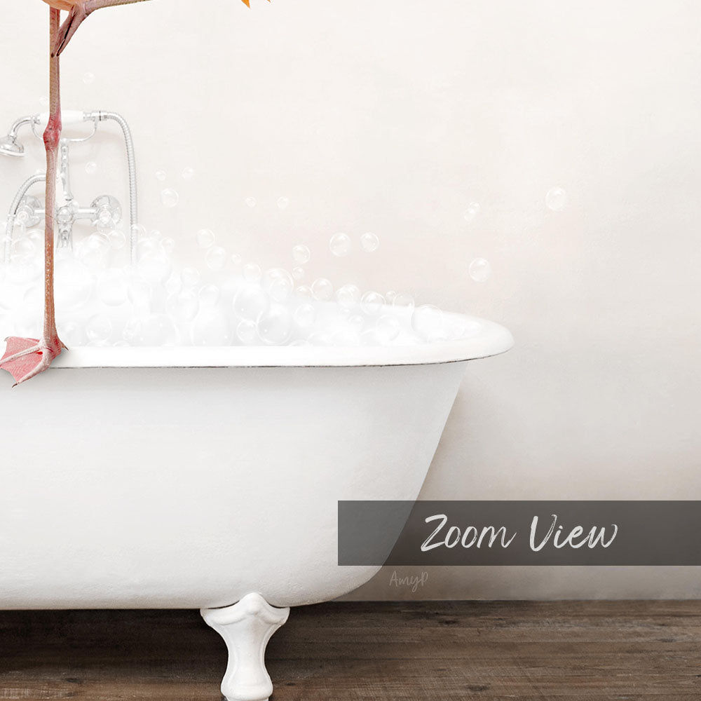 A white claw-foot bathtub filled with bubbles, with a pink flower attached to the side.