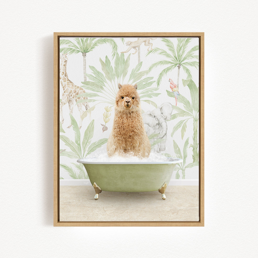 A small dog sitting in a green bathtub filled with water, surrounded by tropical plants and animals.