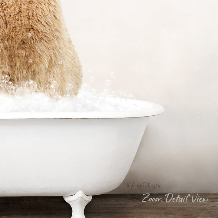 A fluffy brown cat standing in a white bathtub filled with bubbles, creating a playful and whimsical scene.