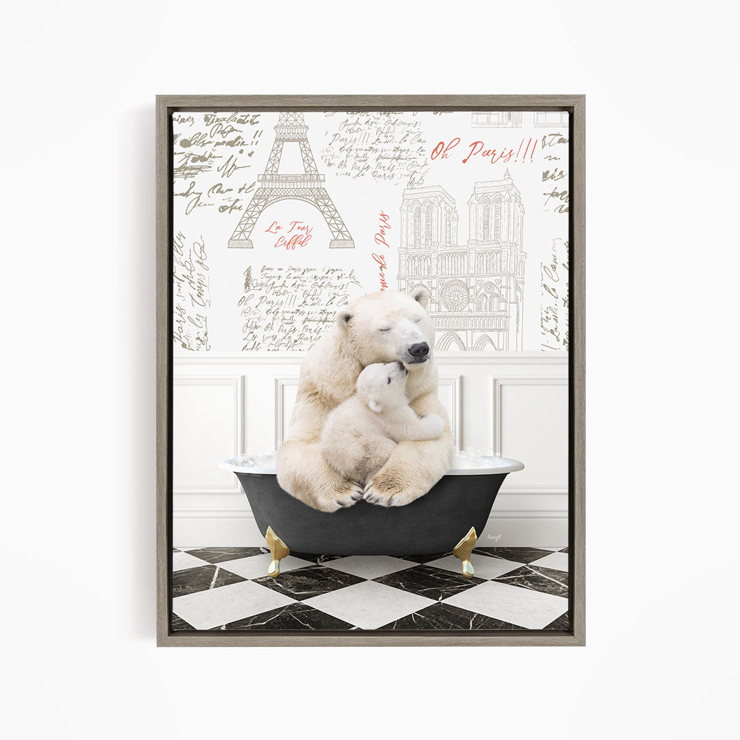 A polar bear is sitting in a bathtub, with a smaller polar bear nestled next to it, in a room with a checkered floor and a wall with the Eiffel Tower and other Parisian landmarks.