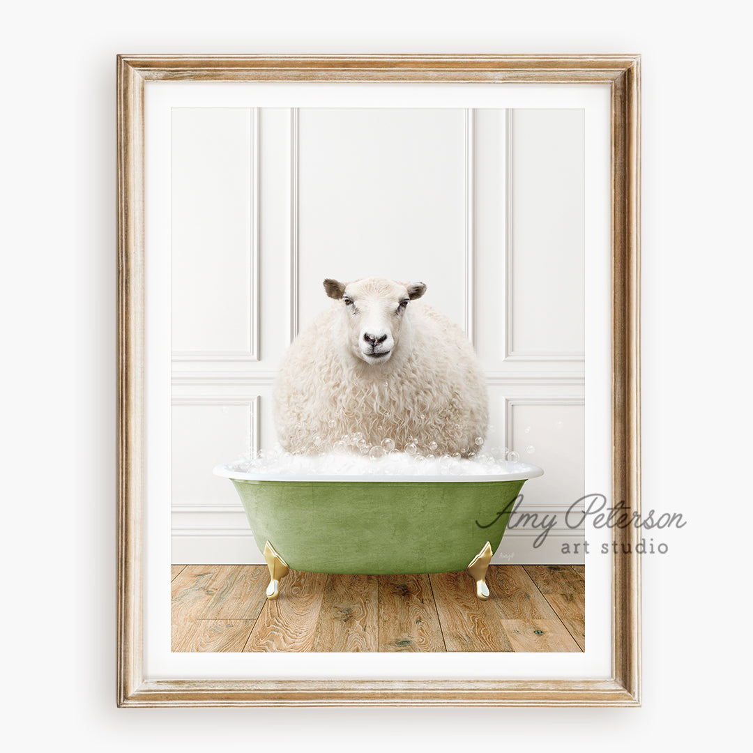 a sheep is sitting in a green bathtub