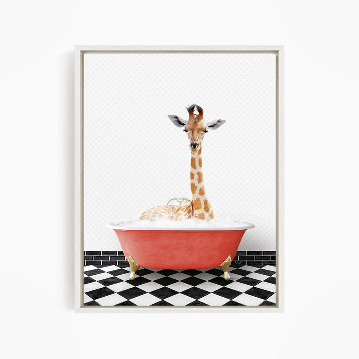A giraffe is sitting in a red bathtub filled with bubbles, creating a whimsical and playful scene.