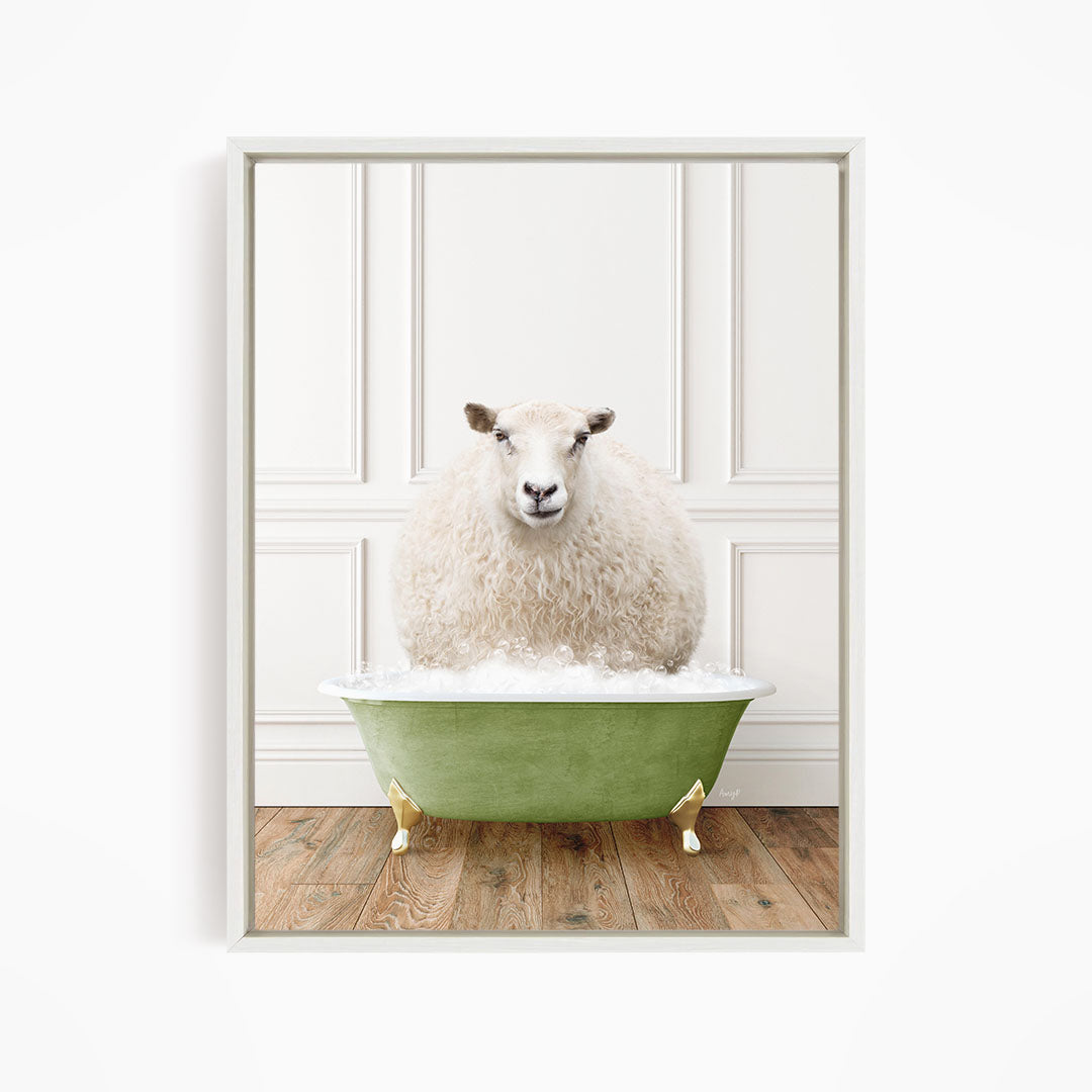 A fluffy white sheep sits in a green bathtub, surrounded by a white wall and wooden floor.