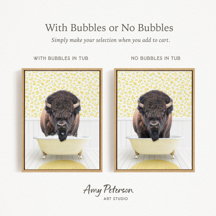 The image is a collage of two pictures featuring a buffalo in a bathtub. The buffalo is depicted in two different frames, one with bubbles and the other without bubbles. The text above the images reads "With Bubbles or No Bubbles Simply make your selection when you add to cart."