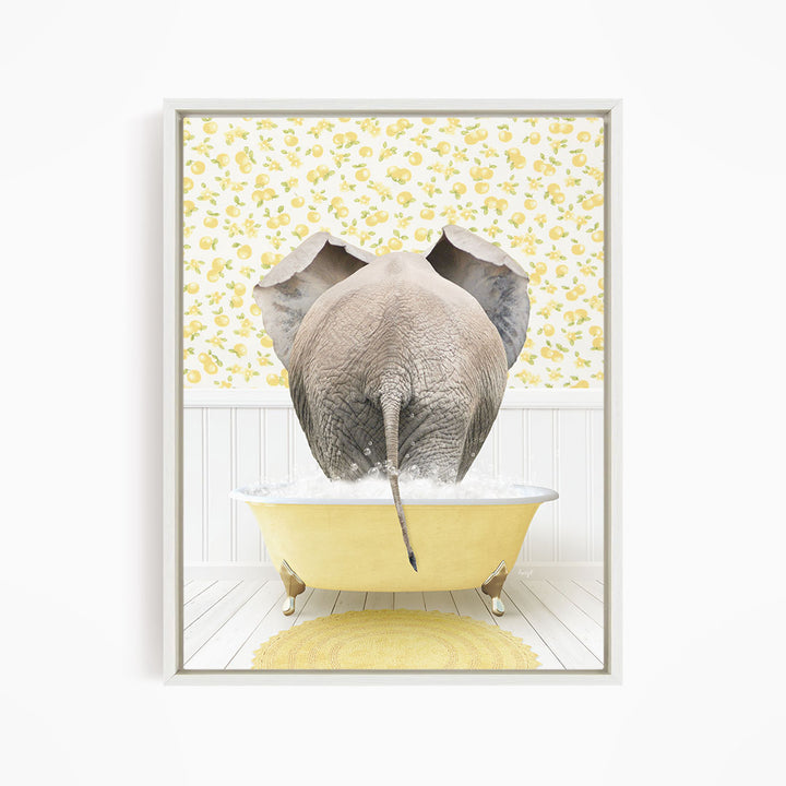An elephant is taking a bath in a yellow bathtub, surrounded by a yellow and white floral patterned wall.