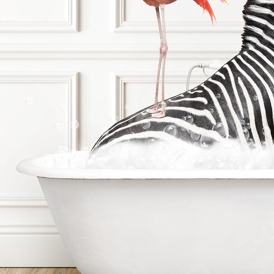 a zebra and a flamingo are in a bathtub