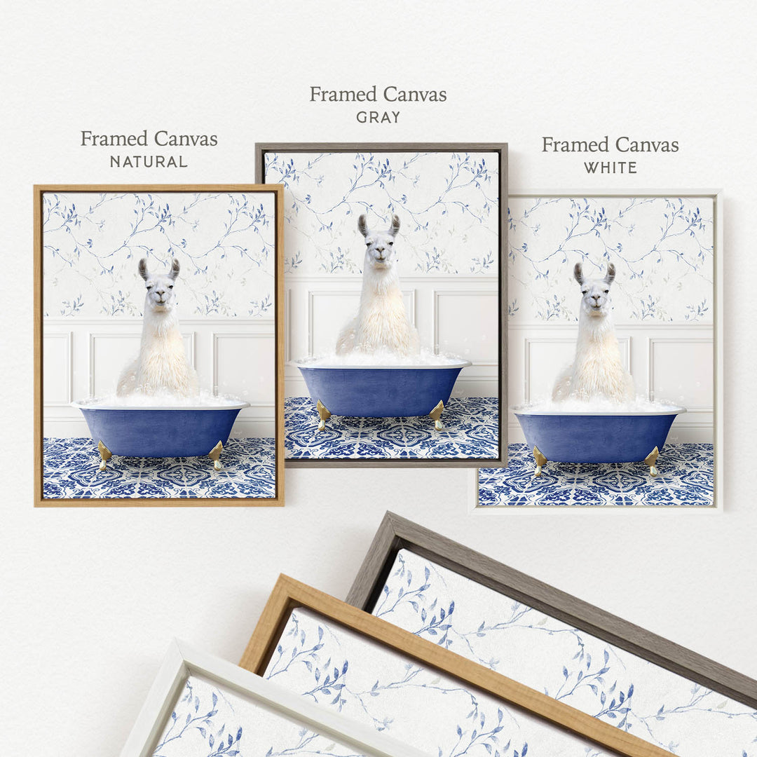 a framed picture of a white llama sitting in a blue bathtub, surrounded by a patterned blue and white design.