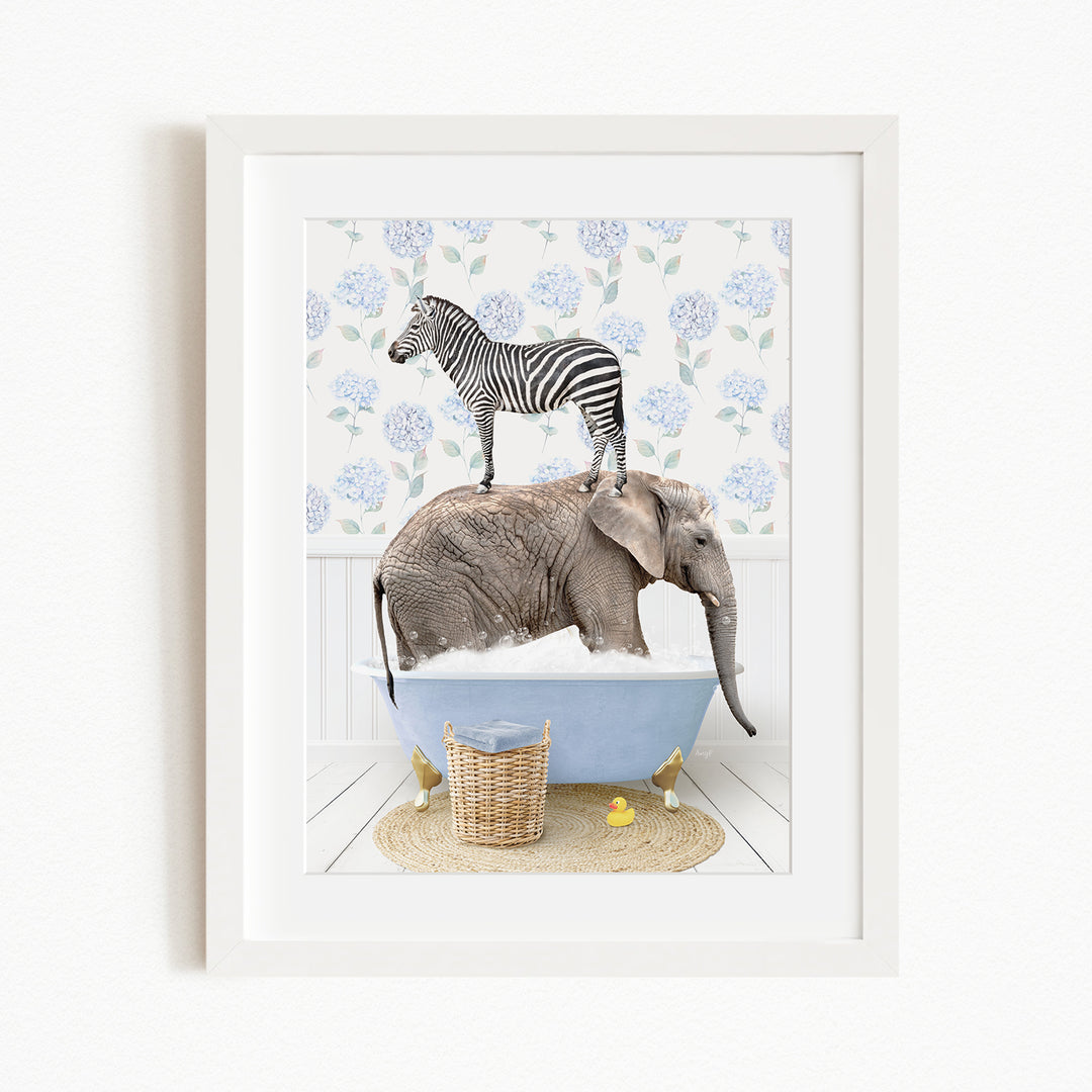 A zebra standing on an elephant's back, both in a bathtub, with a basket of rubber ducks nearby.