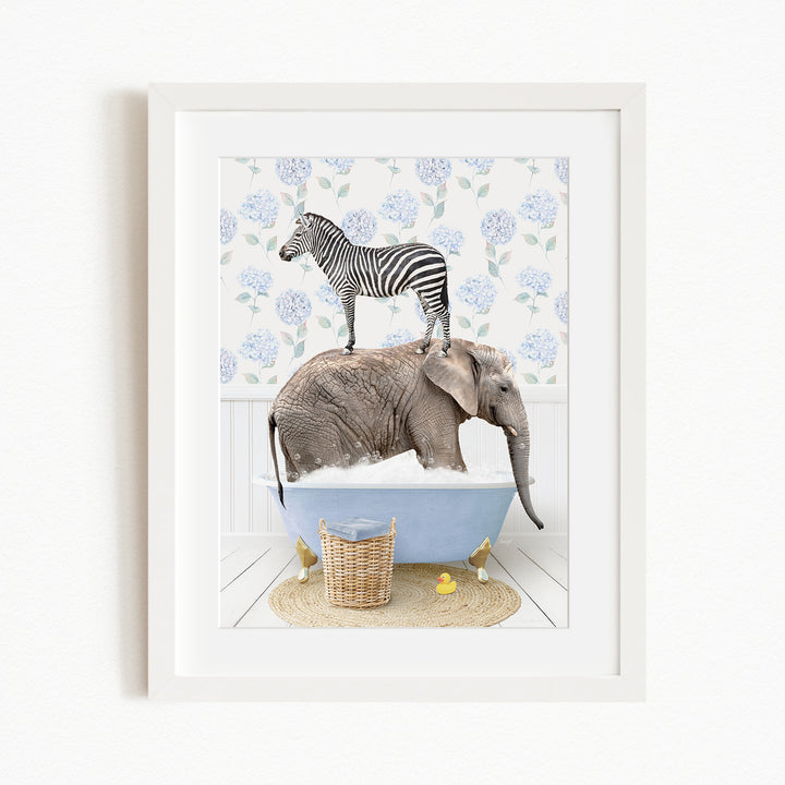 A zebra standing on an elephant's back, both in a bathtub, with a basket of rubber ducks nearby.