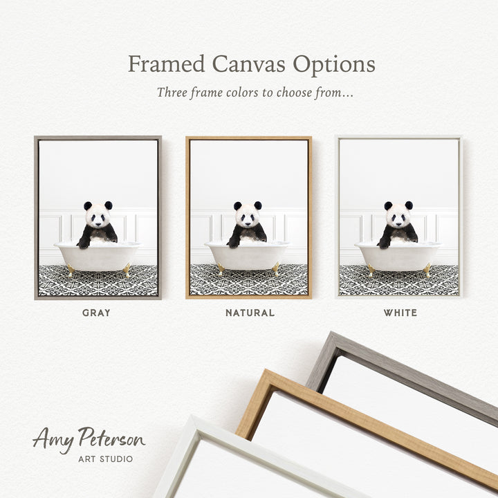 three framed canvas options, each featuring a panda bear in a bathtub. The options include a gray frame, a natural frame, and a white frame.