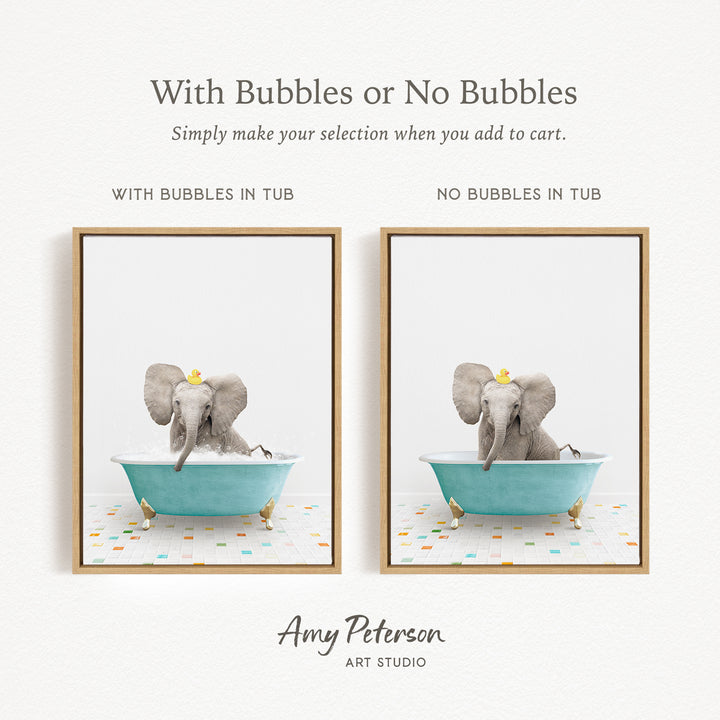 The image is a collage of two pictures featuring an elephant sitting in a blue tub with bubbles, and another picture of an elephant sitting in a tub without bubbles.