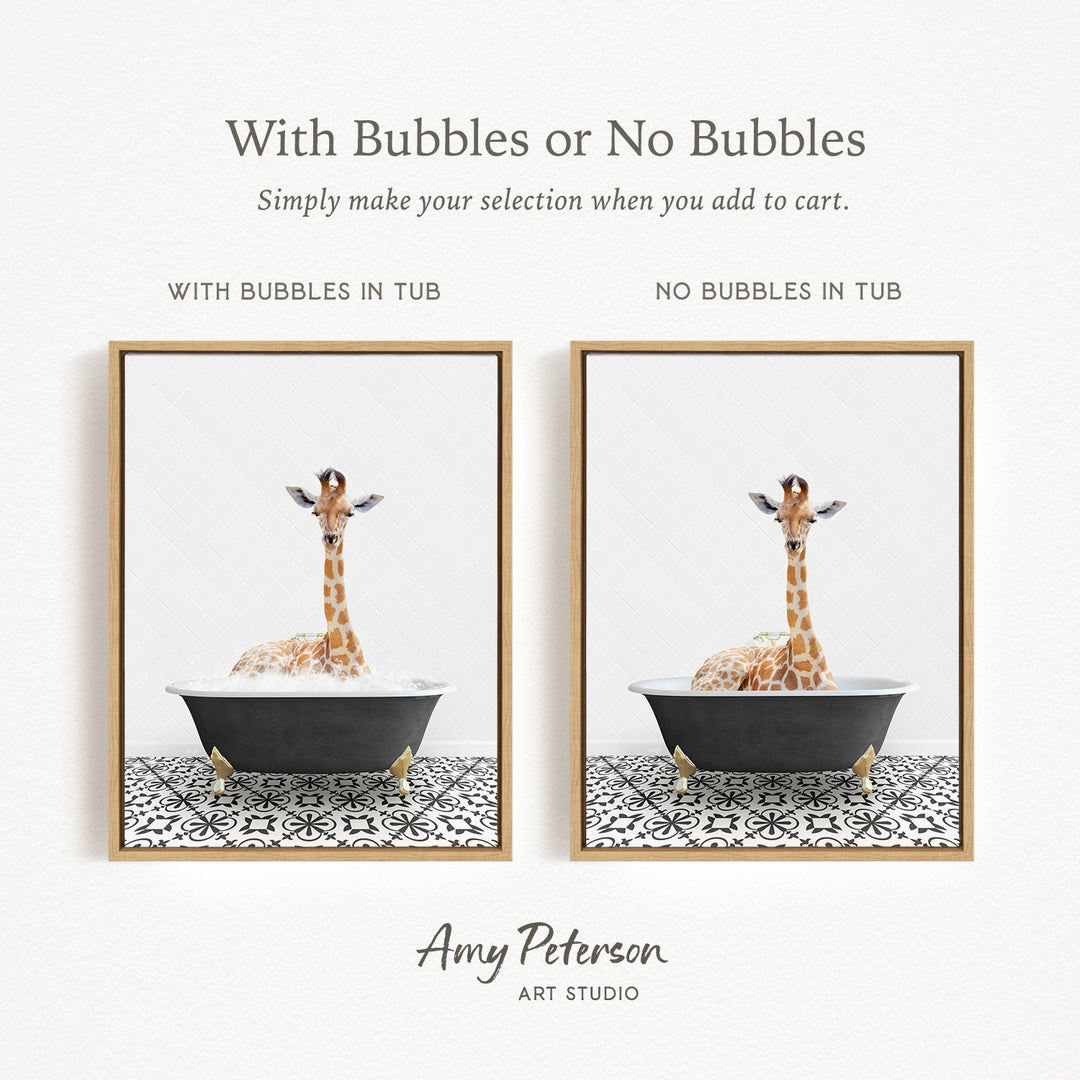 The image is a framed print featuring a giraffe sitting in a bathtub, with the text "With Bubbles or No Bubbles" above the images.