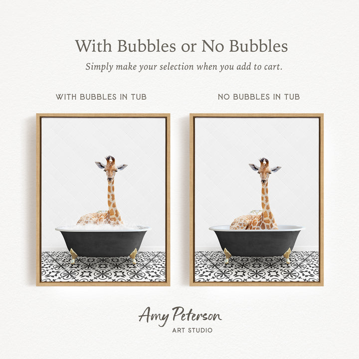 The image is a framed print featuring a giraffe sitting in a bathtub, with the text "With Bubbles or No Bubbles" above the images.
