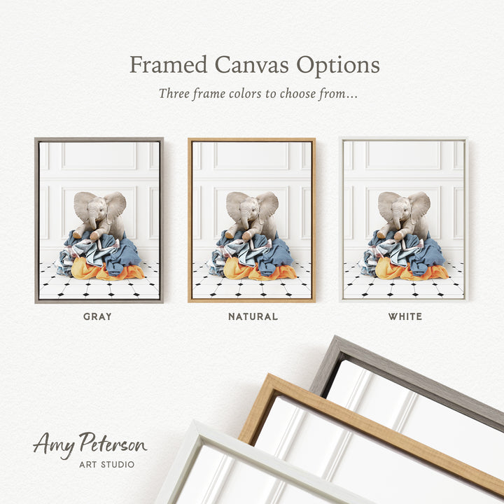 three framed canvas options, each with a different color: gray, natural, and white. The text above the images reads " Framed Canvas Options" and "Three frame colors to choose from...". The text below the images reads "Grays", "NATURAL", and "WHITE". The artist's name, Amy Peterson, is also mentioned at the bottom of the image.