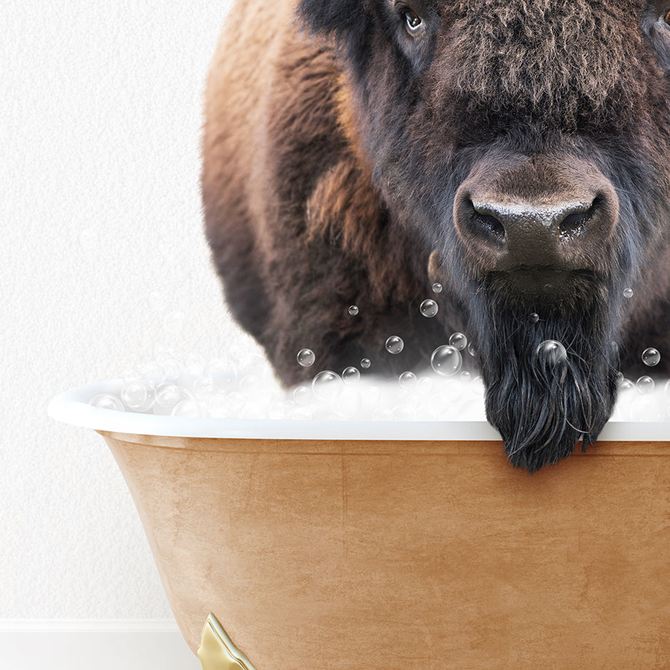 a large buffalo standing in a bath tub