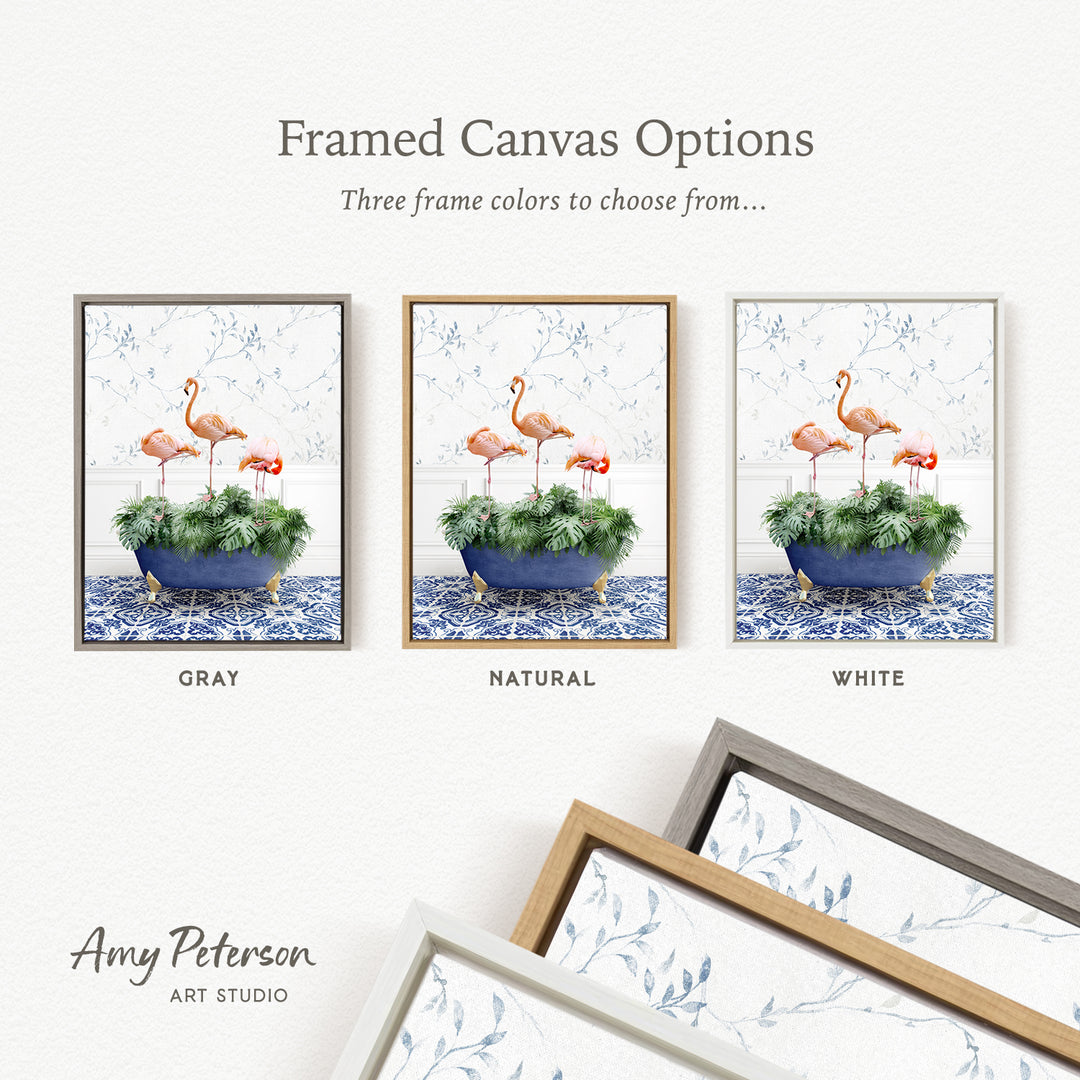 three framed canvas options, each featuring a different color and frame style. The options include a gray frame, a natural frame, and a white frame, each with a different floral pattern. The text above the options reads " Framed Canvas Options" and "Three frame colors to choose from...". The text below the options reads "Grays", "NATURAL", and "WHITE". The artist's name, " Amy Peterson ART STUDIO", is also present.