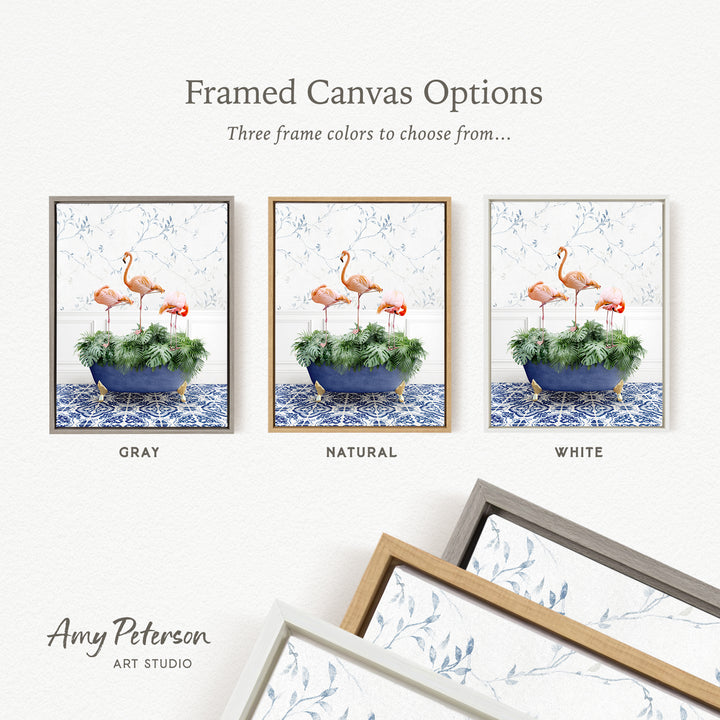 three framed canvas options, each featuring a different color and frame style. The options include a gray frame, a natural frame, and a white frame, each with a different floral pattern. The text above the options reads " Framed Canvas Options" and "Three frame colors to choose from...". The text below the options reads "Grays", "NATURAL", and "WHITE". The artist's name, " Amy Peterson ART STUDIO", is also present.
