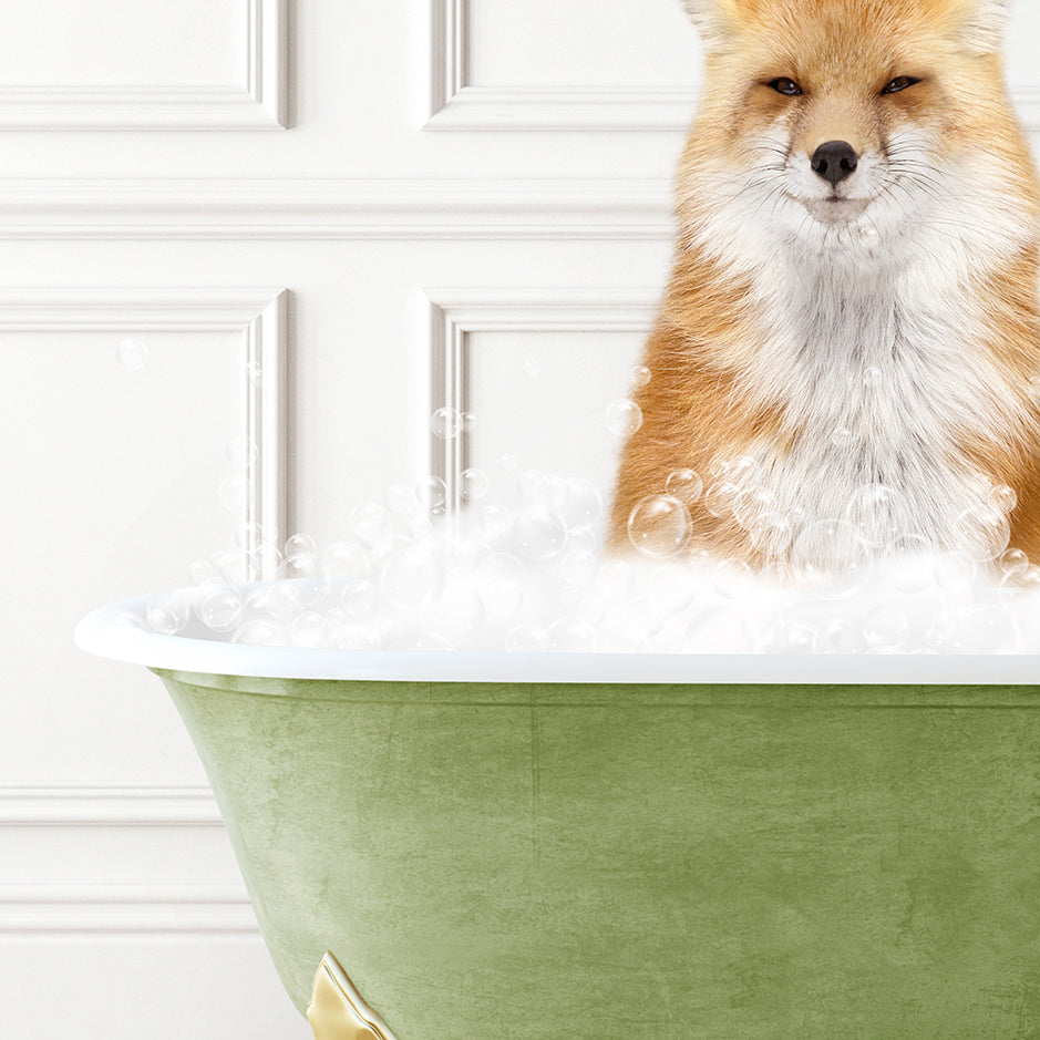 a fox sitting in a bathtub full of bubbles