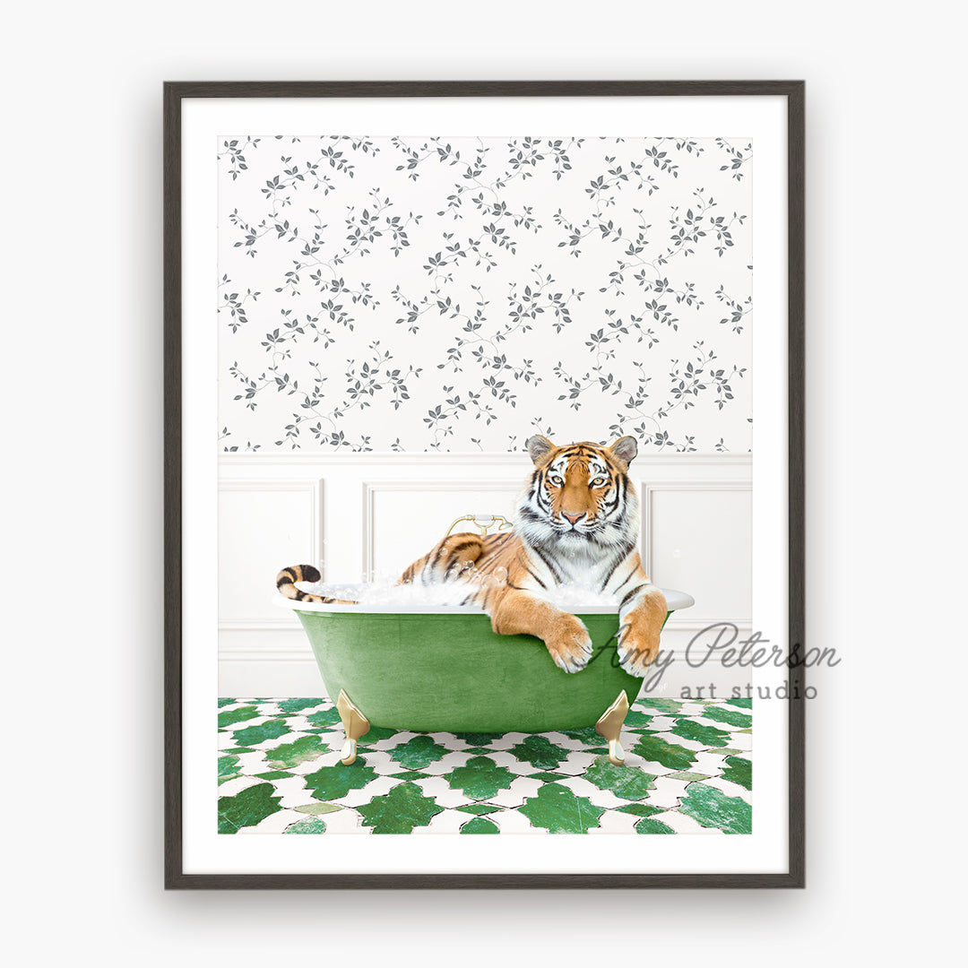 a painting of a tiger in a green bathtub