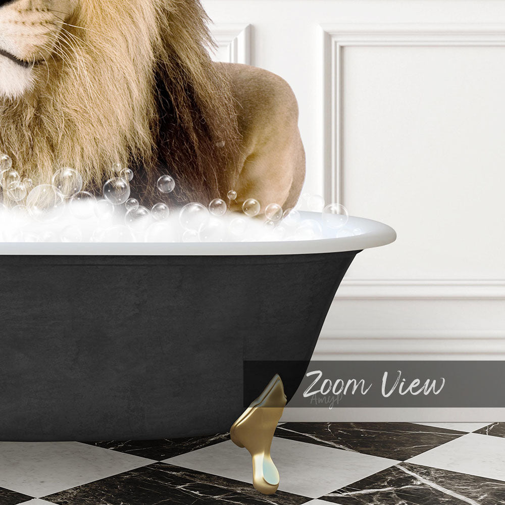 A lion is sitting in a bathtub filled with bubbles, creating a whimsical and playful scene.