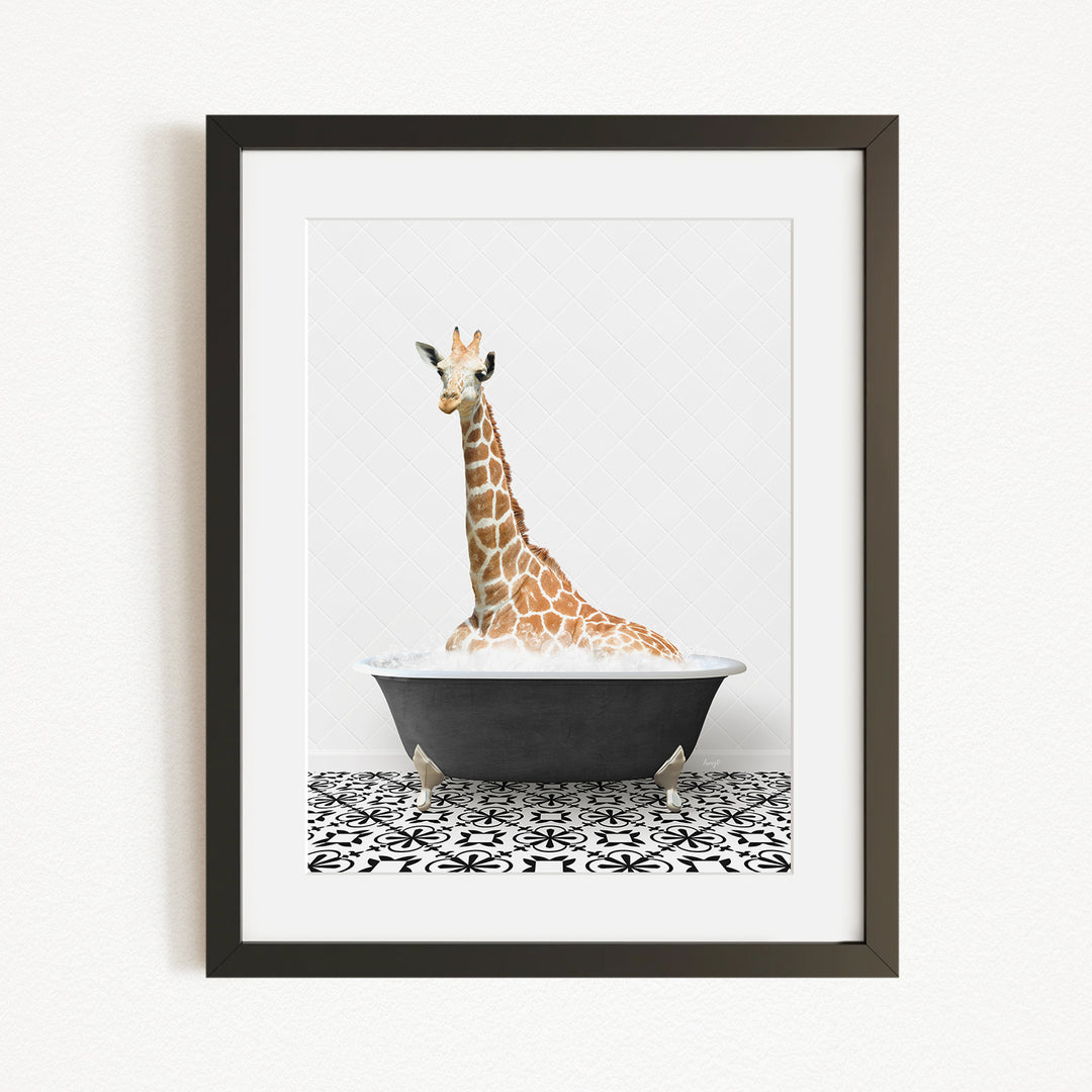 A giraffe sitting in a bathtub filled with water, surrounded by a black and white patterned floor.