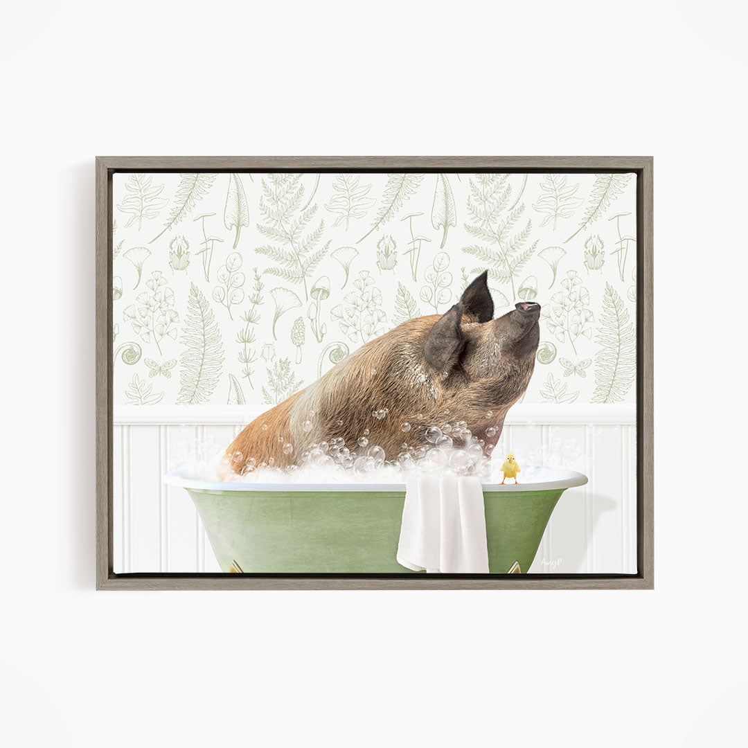 A brown dog is sitting in a green bathtub filled with bubbles, looking up at the camera.